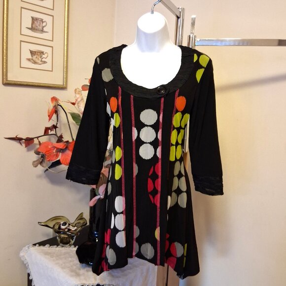 NWT Zoe Women's Black Multi Color Patchwork Blouse ¾ Sleeve Top Size M - Picture 4 of 9